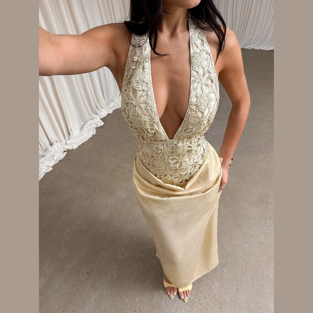 Cream Crochet Lace Plunge Halter Draped Satin Maxi Dress